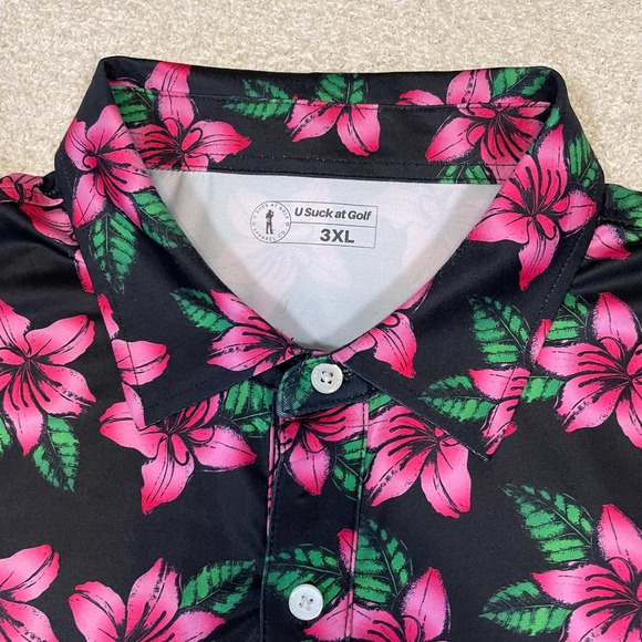 U Suck at Golf USAG Mens 3XL Golf Polo Shirt Pink Floral Lily Black Stretch - Picture 3 of 7